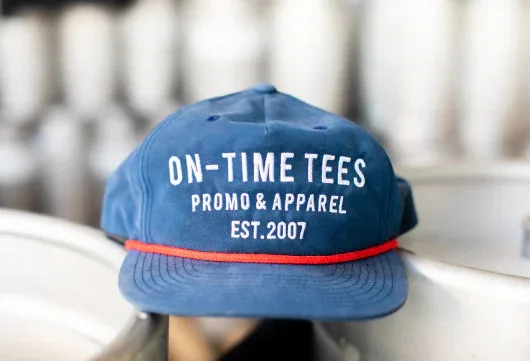 Blue rope hat embroidered with the On-Time Tees Promo & Apparel logo